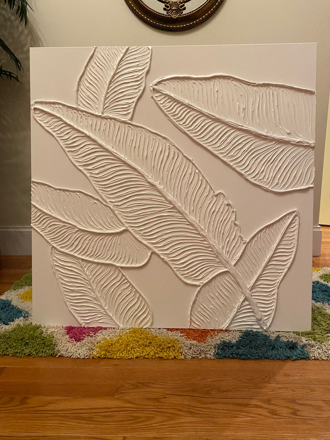Elegant White Botanical Leaf Oil Painting for Modern Home Decor