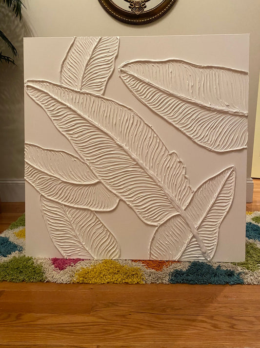 Elegant White Botanical Leaf Oil Painting for Modern Home Decor
