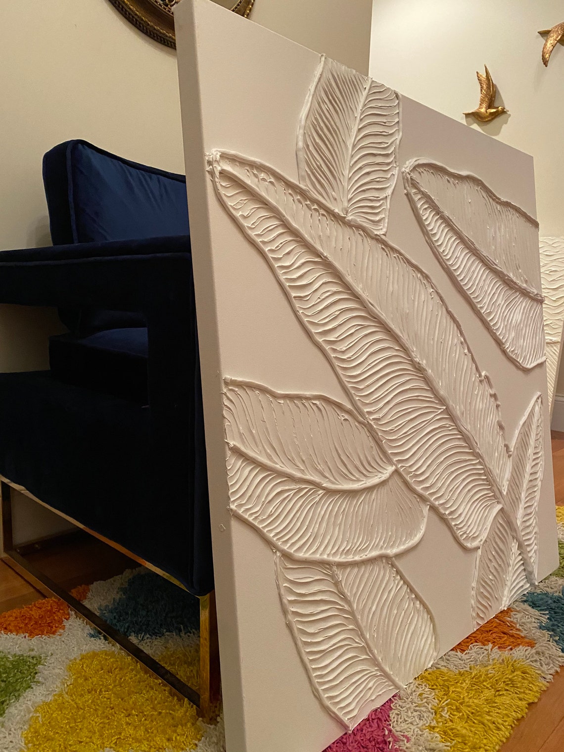 Elegant White Botanical Leaf Oil Painting for Modern Home Decor