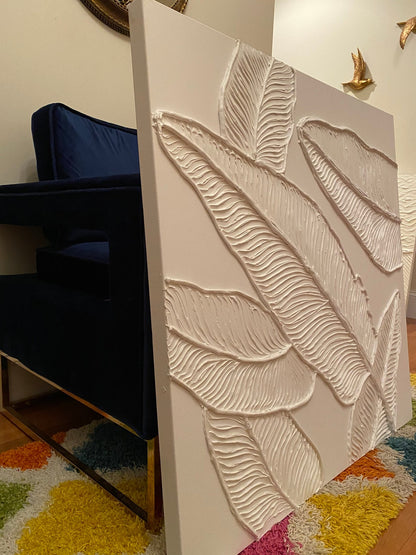 Elegant White Botanical Leaf Oil Painting for Modern Home Decor