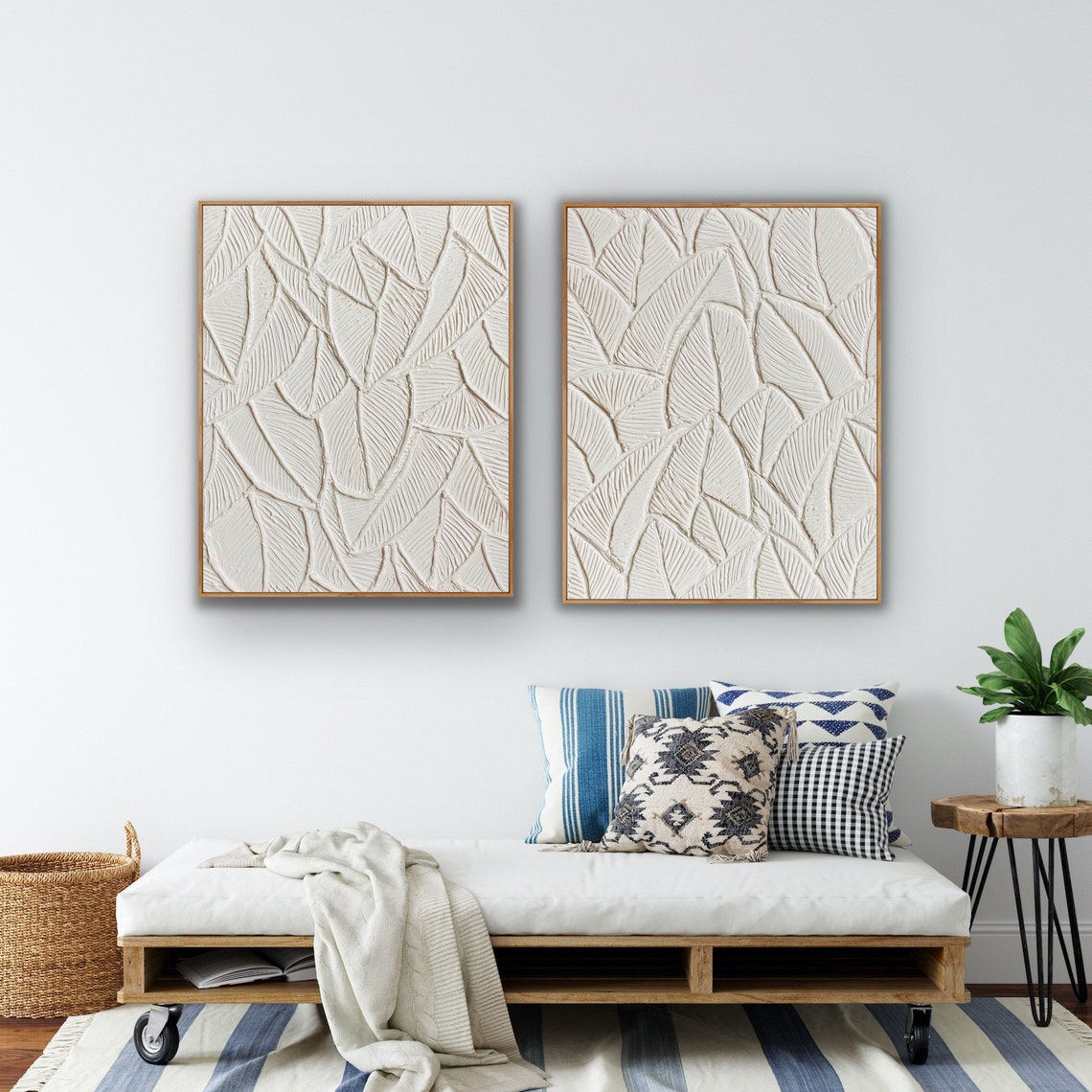 Elegant Botanical Bas-Relief Art Pair for Modern Home Decor