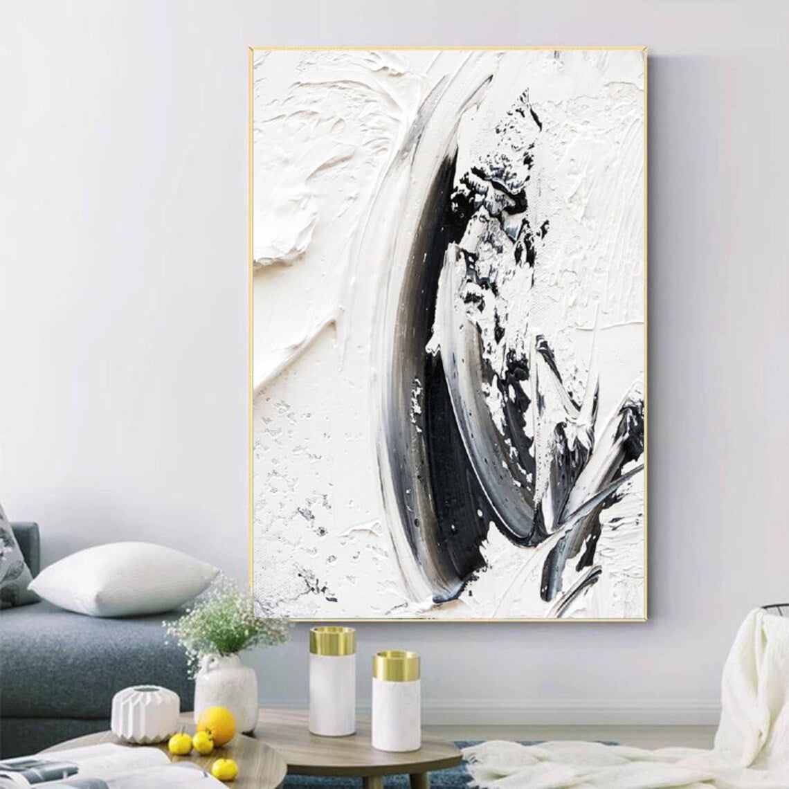 Abstract Black and White Swirl Oil Painting for Modern Home Decor