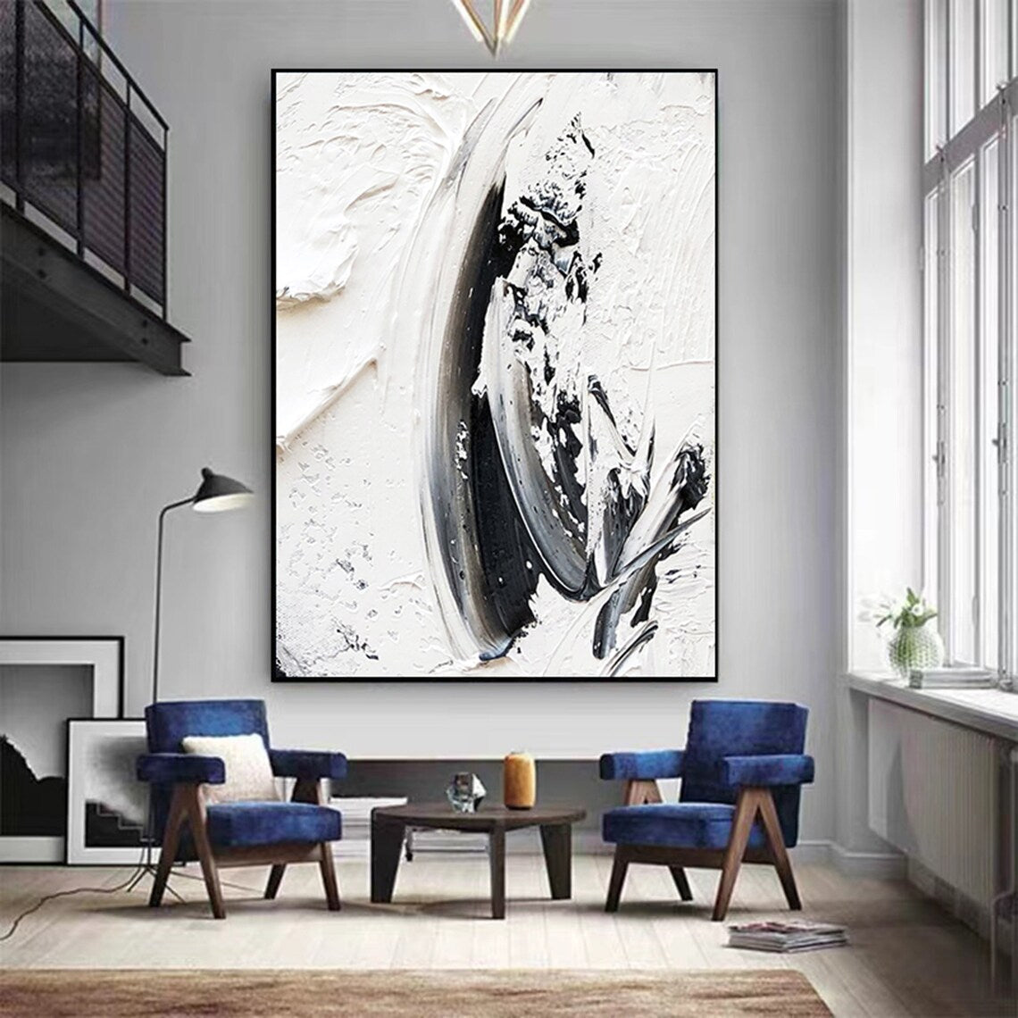 Abstract Black and White Swirl Oil Painting for Modern Home Decor