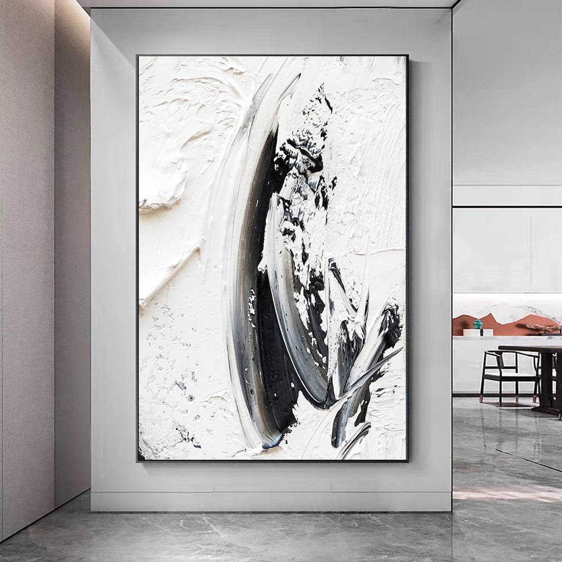 Abstract Black and White Swirl Oil Painting for Modern Home Decor