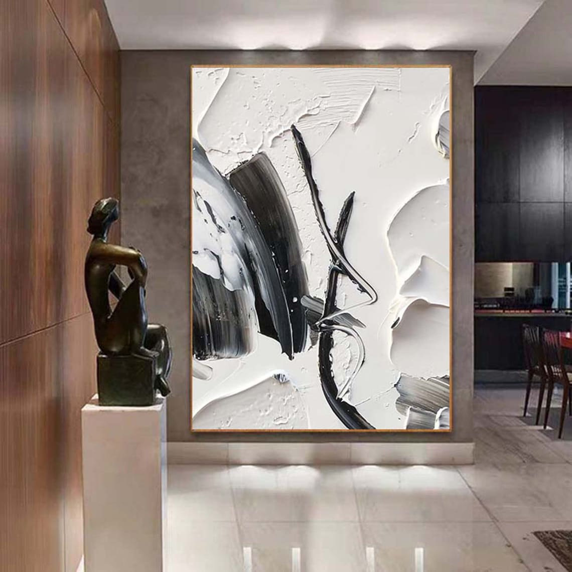 Modern Abstract Oil Painting in Black and White for Contemporary Home Decor