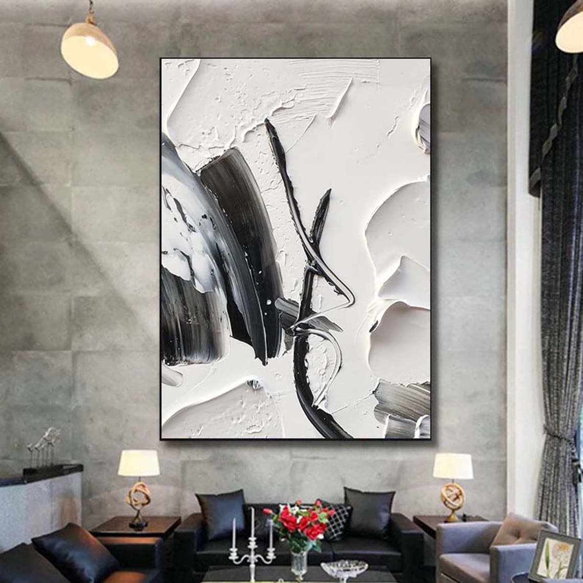 Modern Abstract Oil Painting in Black and White for Contemporary Home Decor