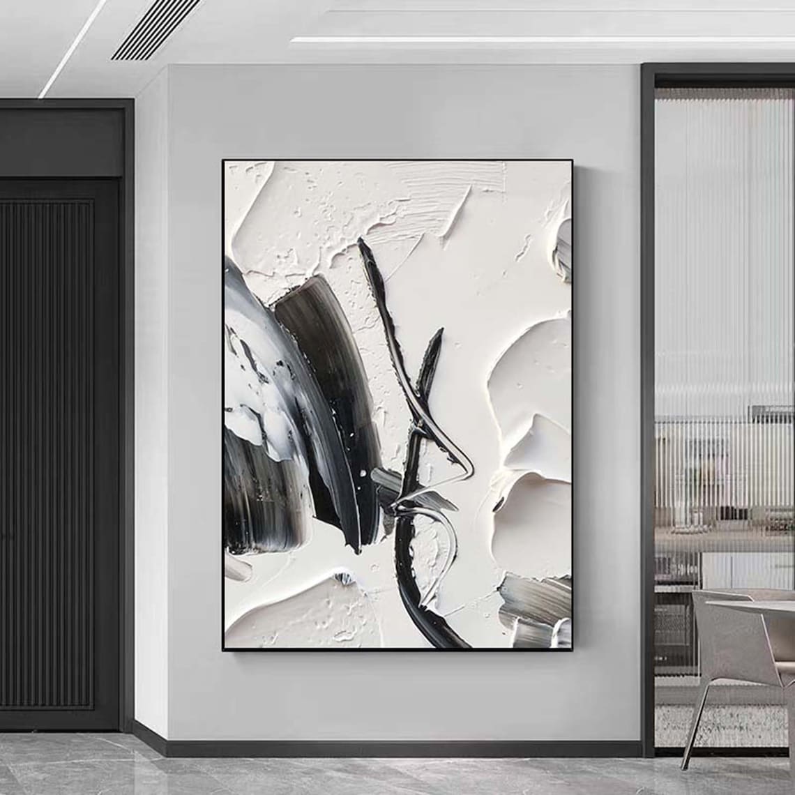 Modern Abstract Oil Painting in Black and White for Contemporary Home Decor