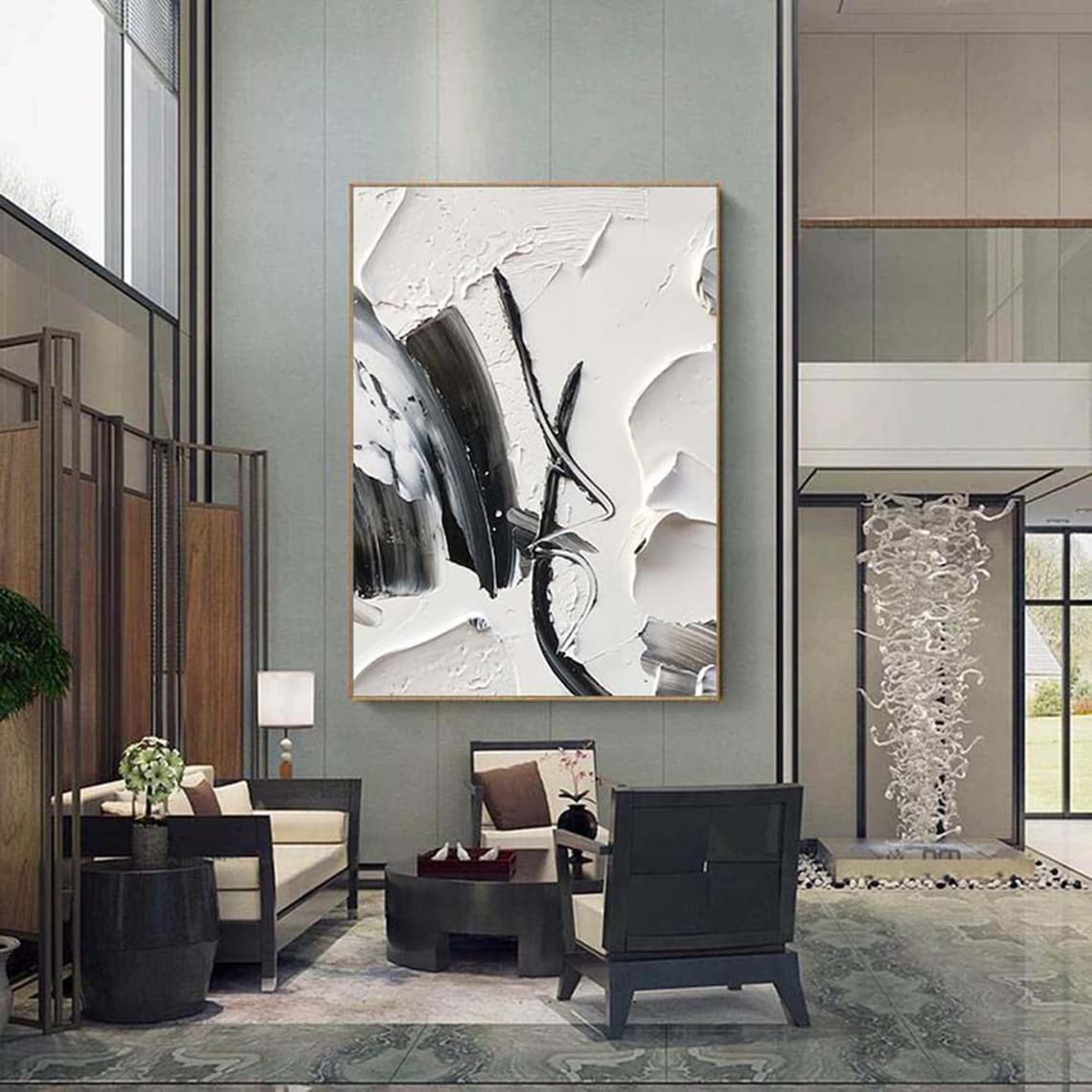 Modern Abstract Oil Painting in Black and White for Contemporary Home Decor