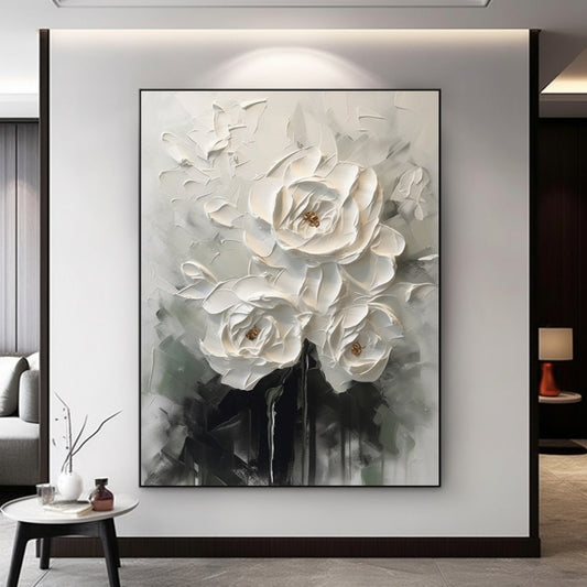 Stunning White Floral Oil Painting - Elegant Monochrome Wall Art for Modern Decor