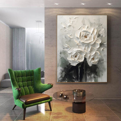 Stunning White Floral Oil Painting - Elegant Monochrome Wall Art for Modern Decor