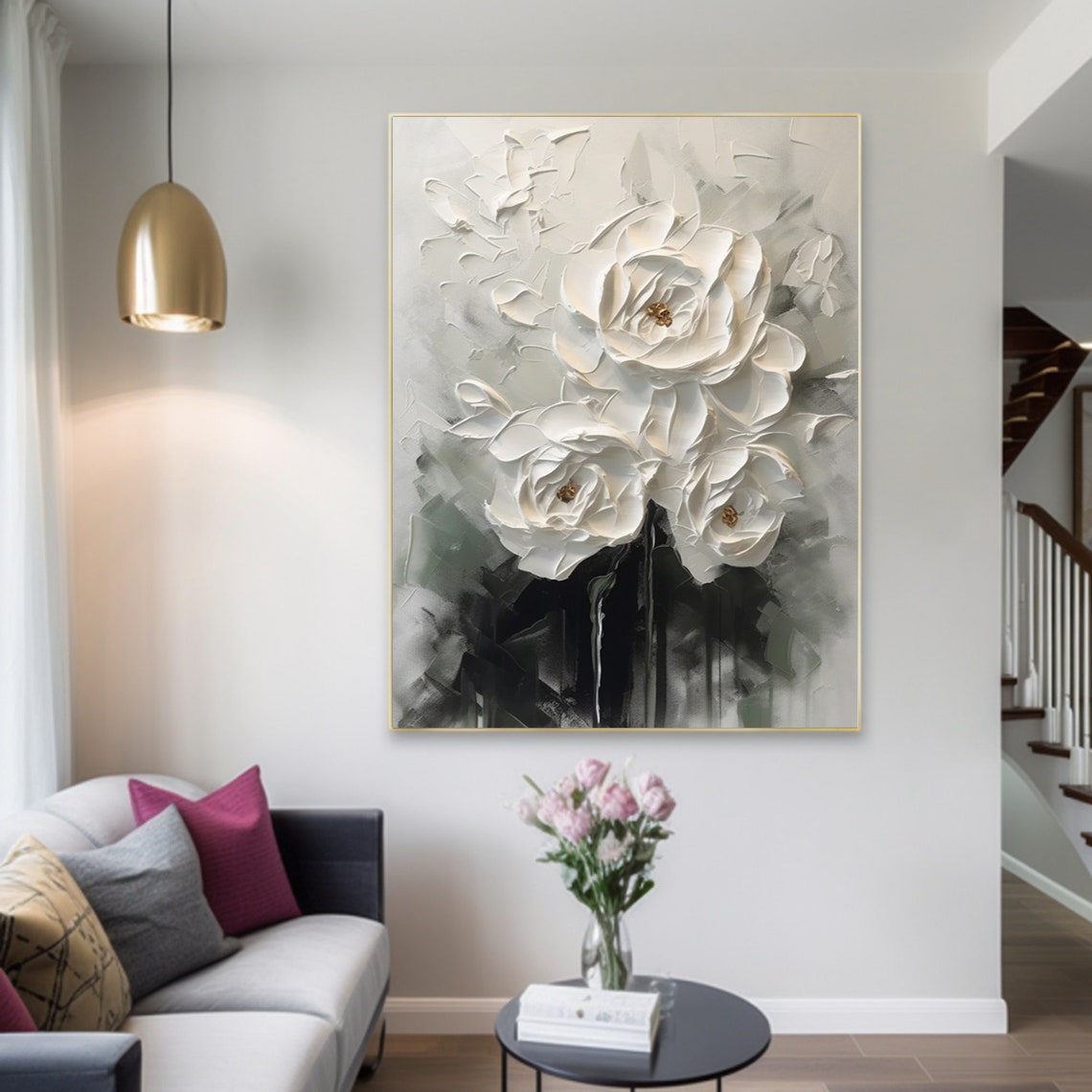 Stunning White Floral Oil Painting - Elegant Monochrome Wall Art for Modern Decor