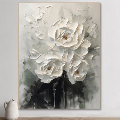 Stunning White Floral Oil Painting - Elegant Monochrome Wall Art for Modern Decor