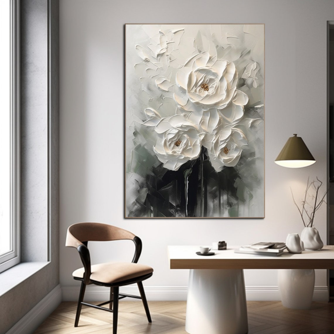 Stunning White Floral Oil Painting - Elegant Monochrome Wall Art for Modern Decor