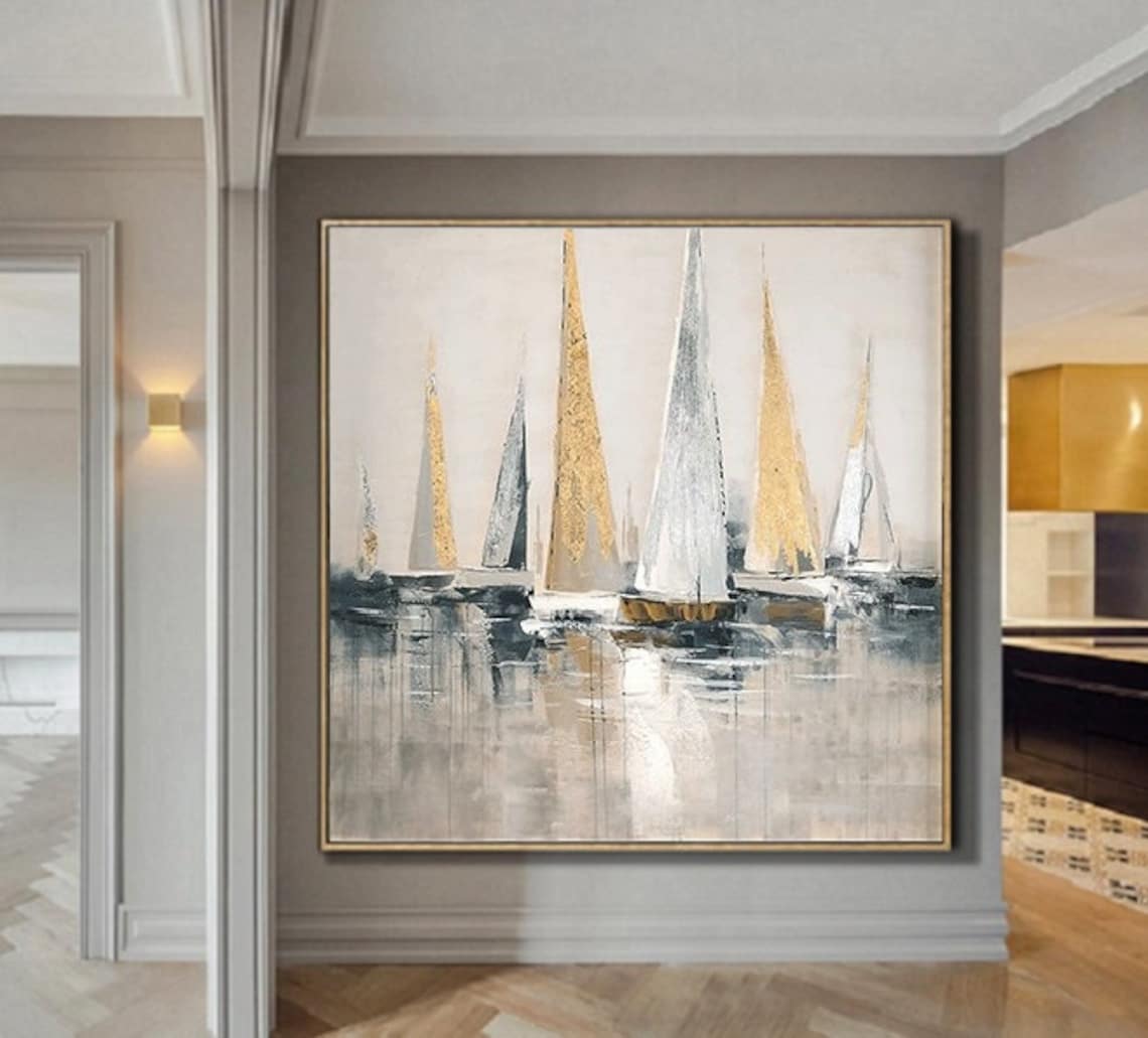 Elegant Sailboats Gliding in Calm Harbor Reflection - Modern Oil Painting