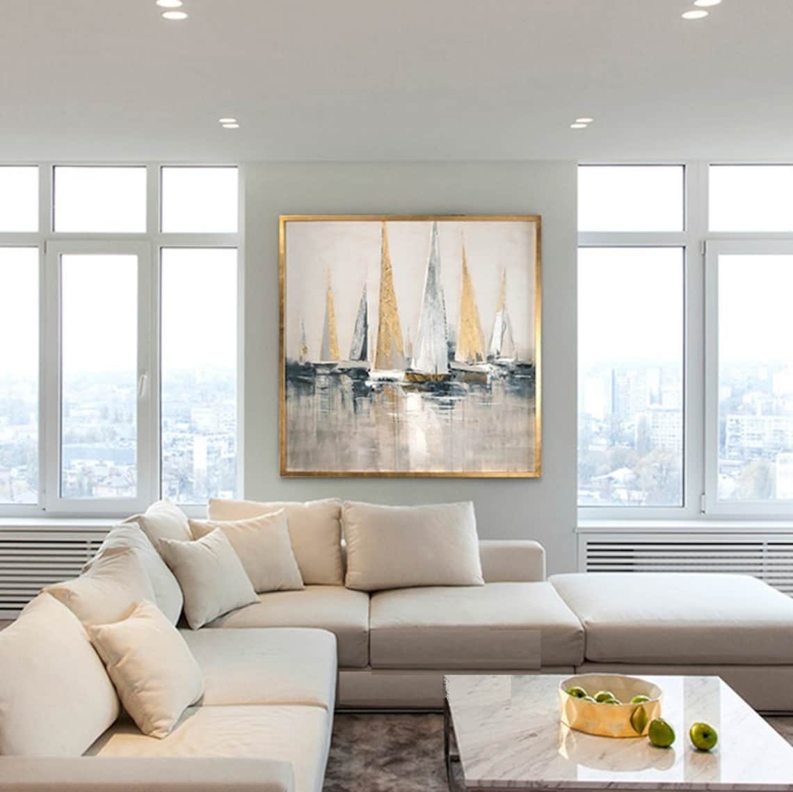 Elegant Sailboats Gliding in Calm Harbor Reflection - Modern Oil Painting