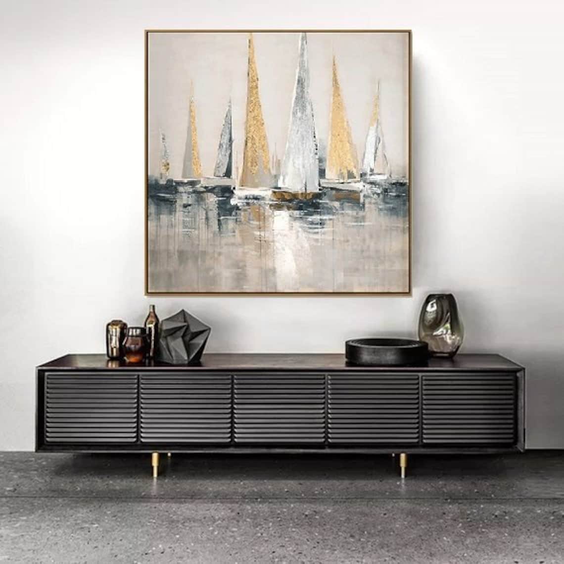 Elegant Sailboats Gliding in Calm Harbor Reflection - Modern Oil Painting