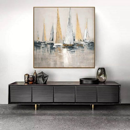 Elegant Sailboats Gliding in Calm Harbor Reflection - Modern Oil Painting