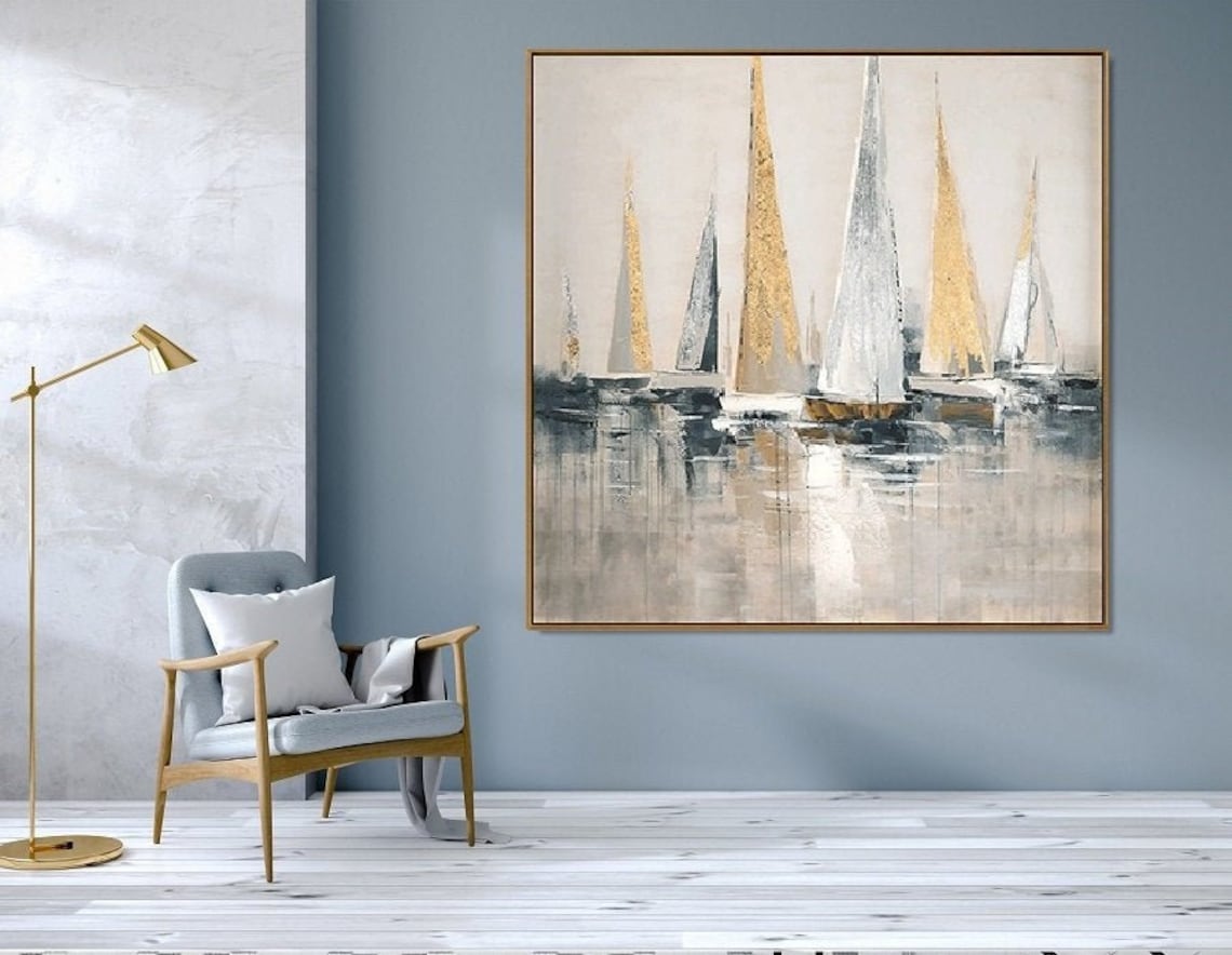 Elegant Sailboats Gliding in Calm Harbor Reflection - Modern Oil Painting