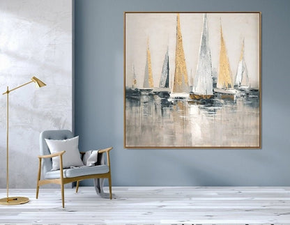 Elegant Sailboats Gliding in Calm Harbor Reflection - Modern Oil Painting