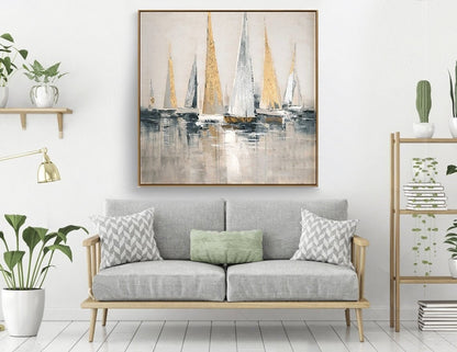 Elegant Sailboats Gliding in Calm Harbor Reflection - Modern Oil Painting