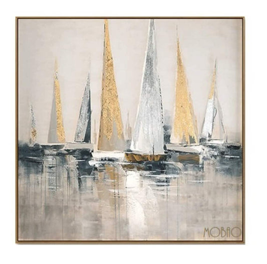 Elegant Sailboats Gliding in Calm Harbor Reflection - Modern Oil Painting