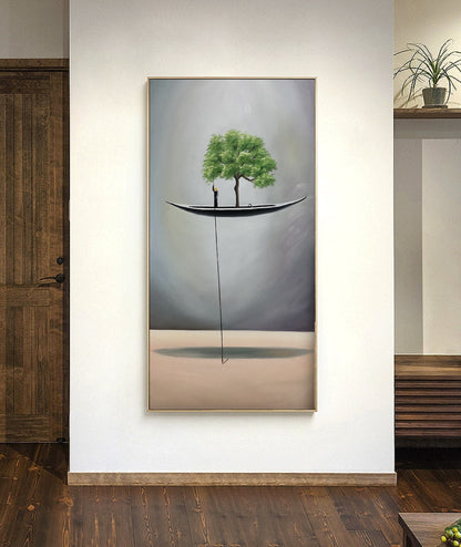 Tranquil Tree on a Floating Boat - Serene Landscape Oil Painting