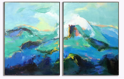 Serene Mountain Landscape Oil Painting in Vibrant Blues and Greens