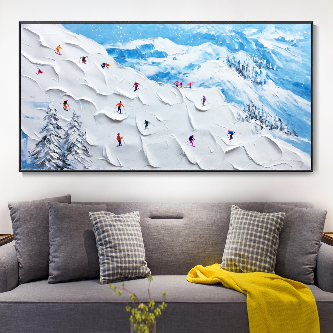 Vibrant Alpine Ski Adventure Oil Painting for Winter Decor