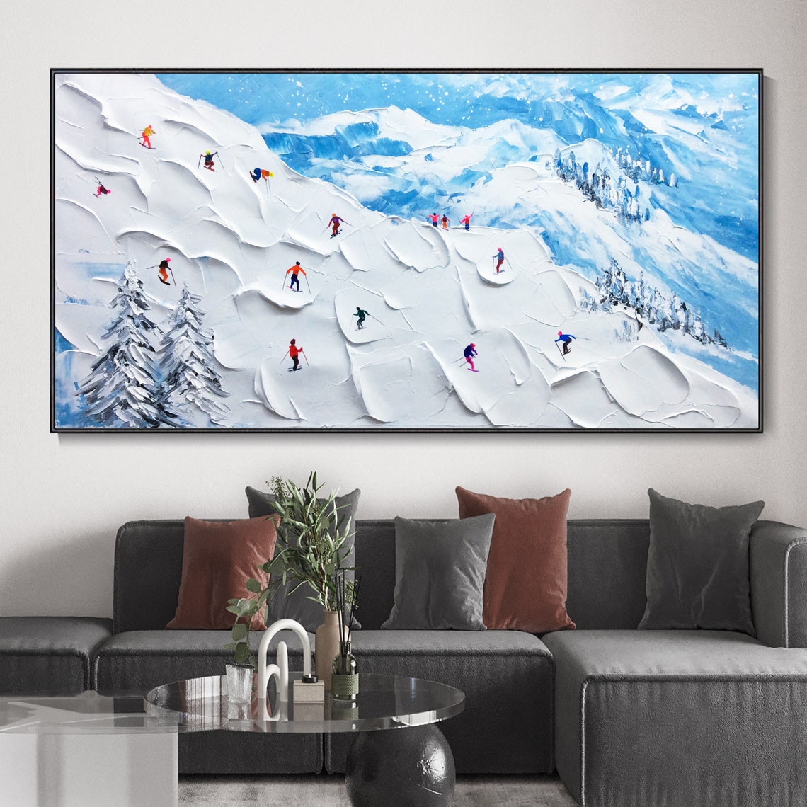 Vibrant Alpine Ski Adventure Oil Painting for Winter Decor