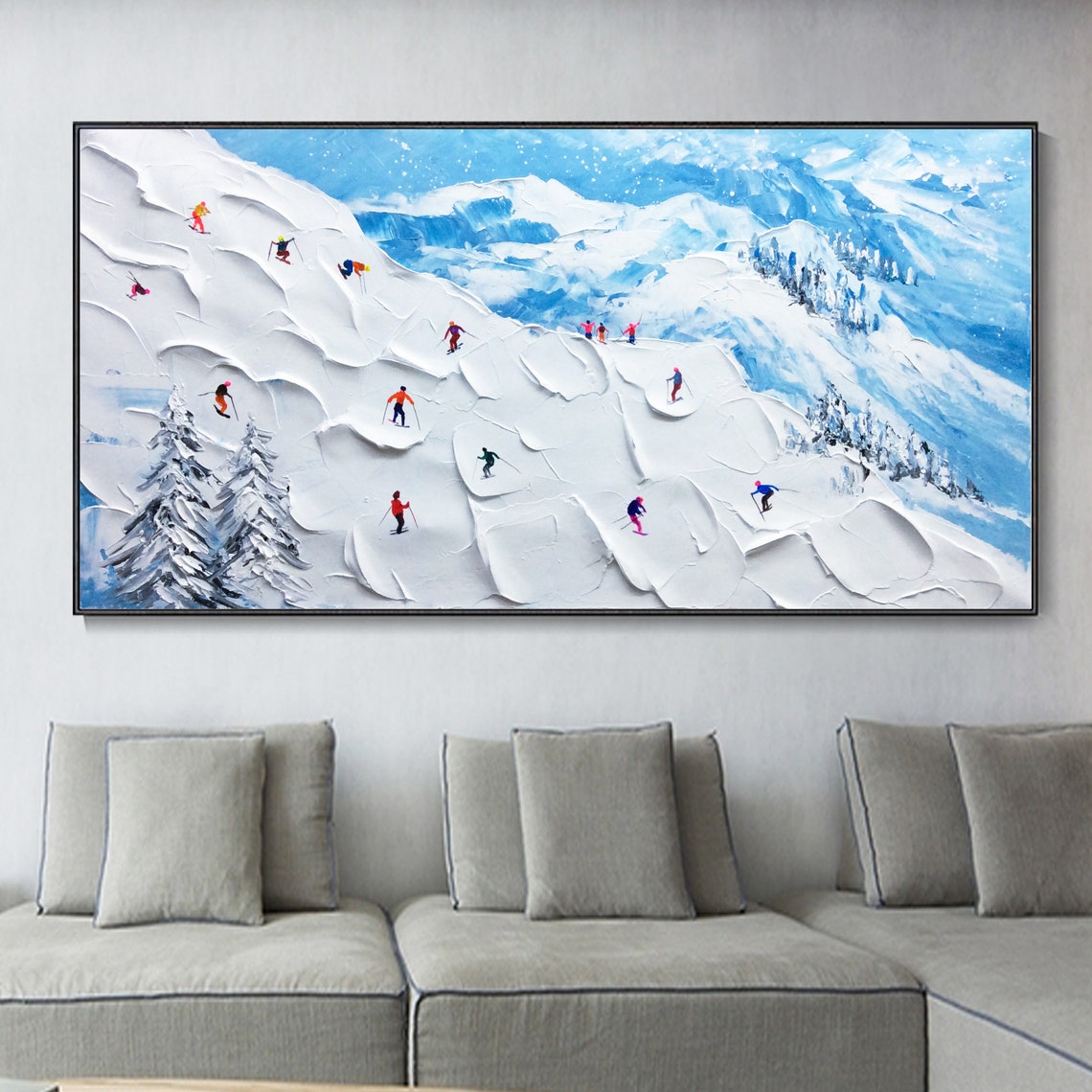 Vibrant Alpine Ski Adventure Oil Painting for Winter Decor