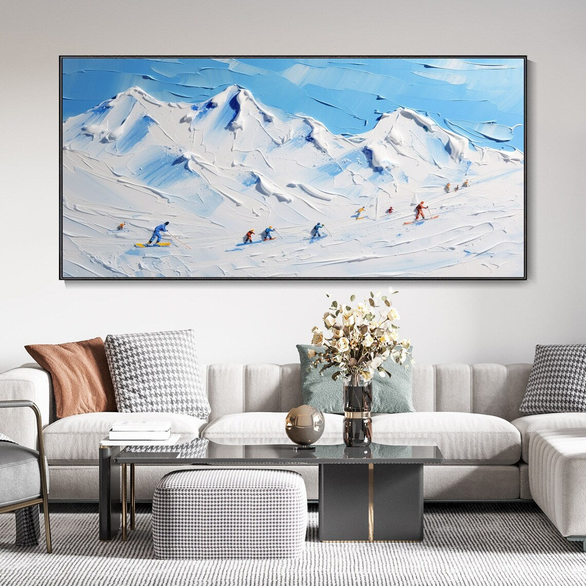 Scenic Alpine Skiers Painting - Majestic Mountain Art for Home Decor