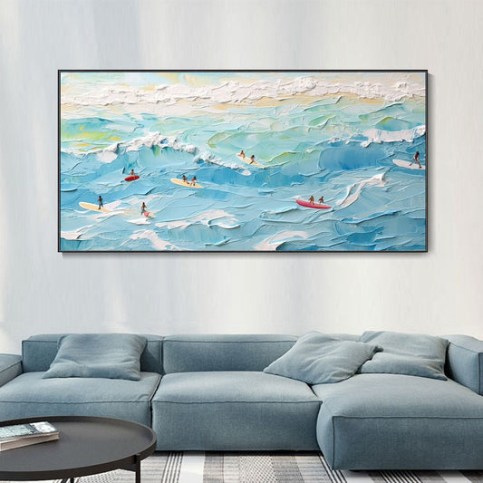 Dynamic Ocean Waves Surfing Scene - Vibrant Oil Painting for Coastal Decor