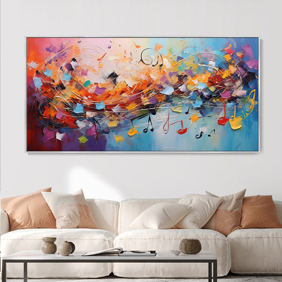 Vibrant Abstract Oil Painting with Musical Notes and Colorful Swirls