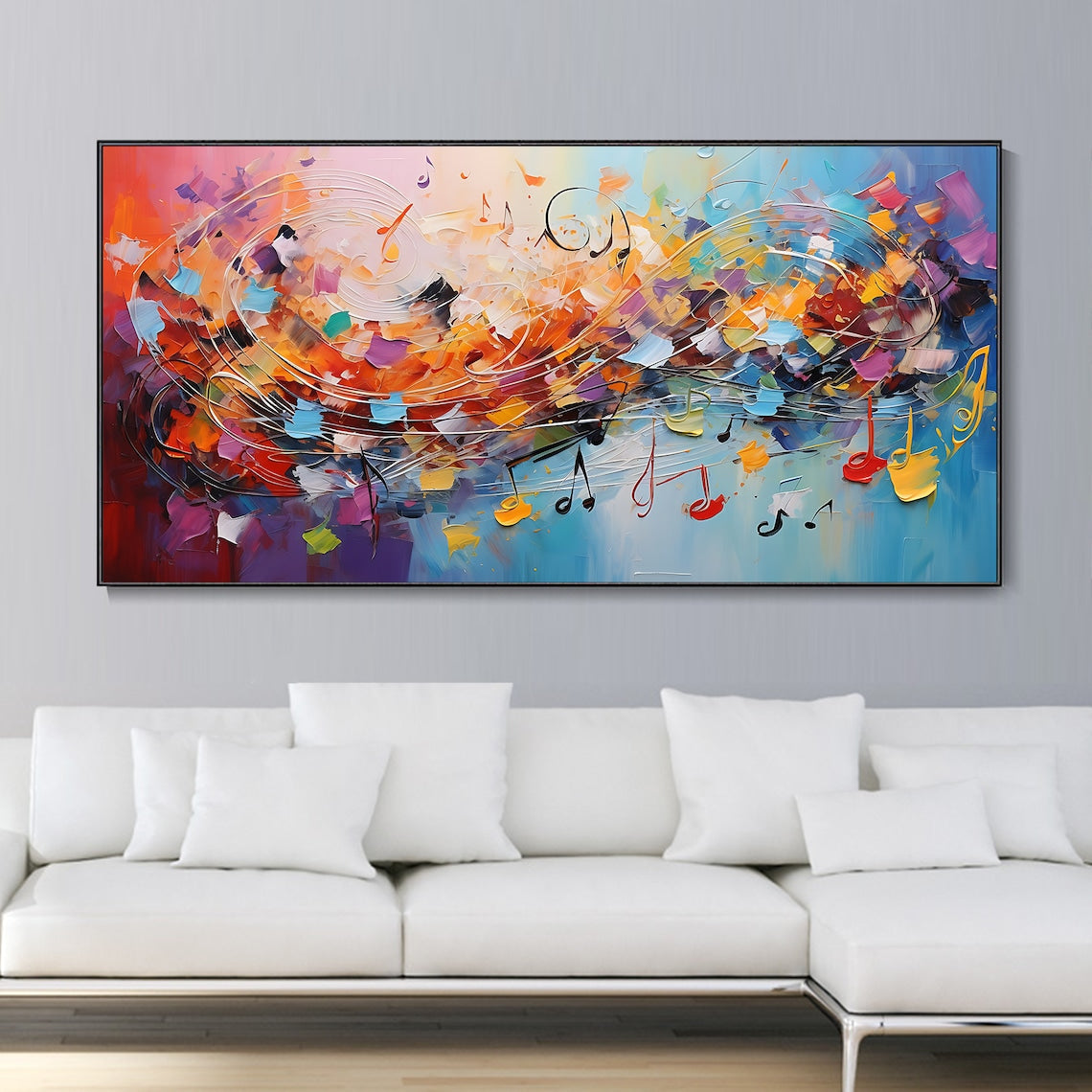 Vibrant Abstract Oil Painting with Musical Notes and Colorful Swirls