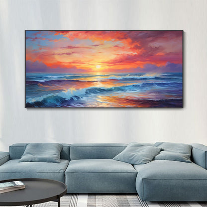 Vibrant Sunset Seascape Oil Painting for Beach-Themed Home Decor