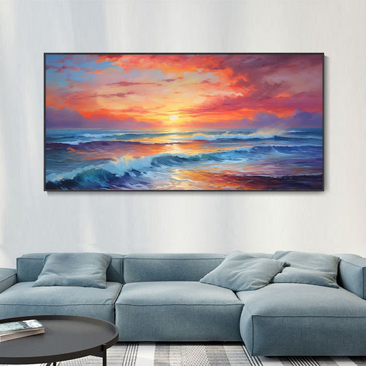 Vibrant Sunset Seascape Oil Painting for Beach-Themed Home Decor