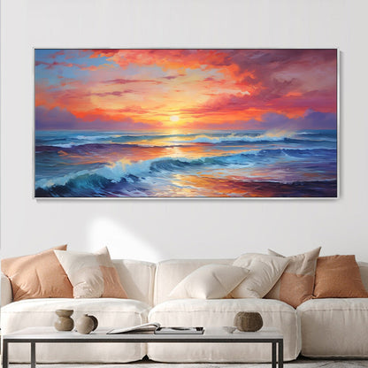 Vibrant Sunset Seascape Oil Painting for Beach-Themed Home Decor