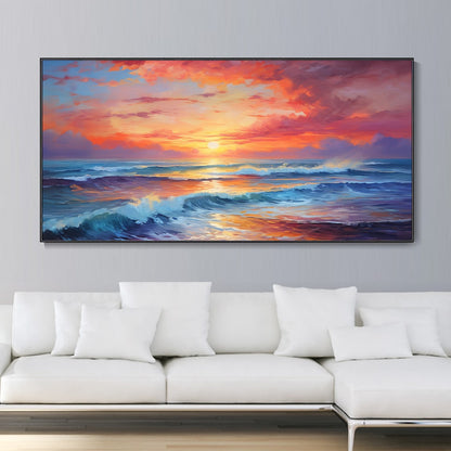 Vibrant Sunset Seascape Oil Painting for Beach-Themed Home Decor