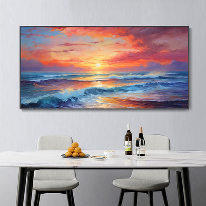 Vibrant Sunset Seascape Oil Painting for Beach-Themed Home Decor