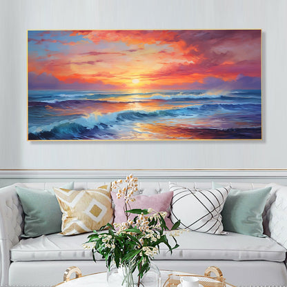 Vibrant Sunset Seascape Oil Painting for Beach-Themed Home Decor
