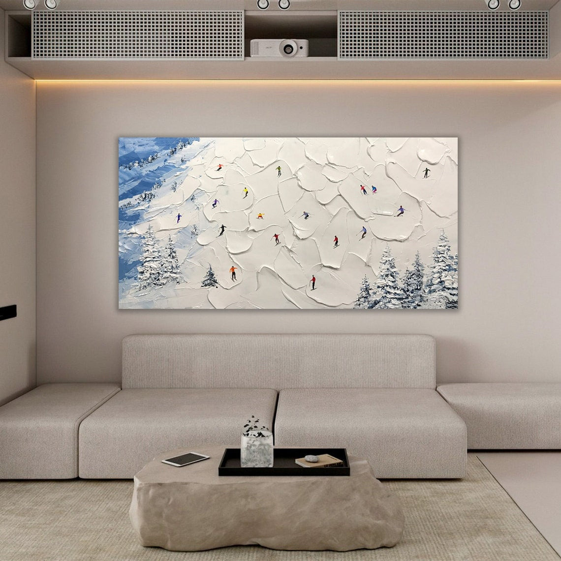 Serene Alpine Ski Scene Oil Painting for Winter Home Decor