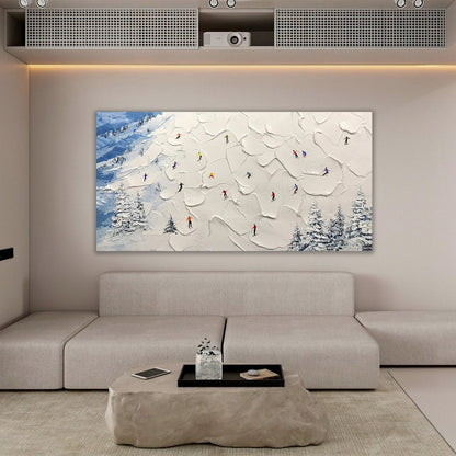 Serene Alpine Ski Scene Oil Painting for Winter Home Decor