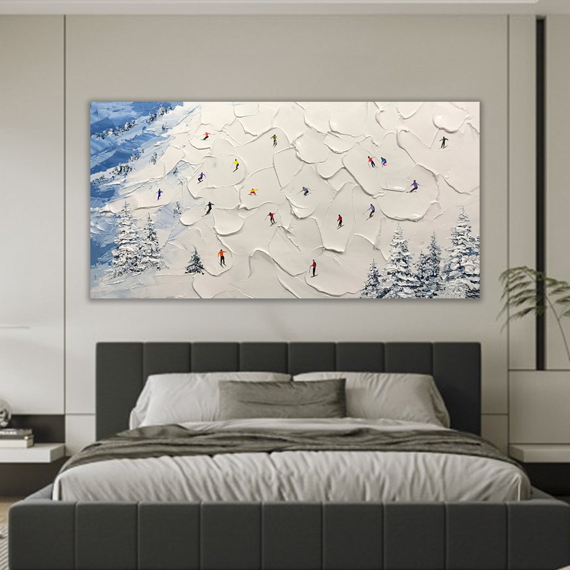 Serene Alpine Ski Scene Oil Painting for Winter Home Decor