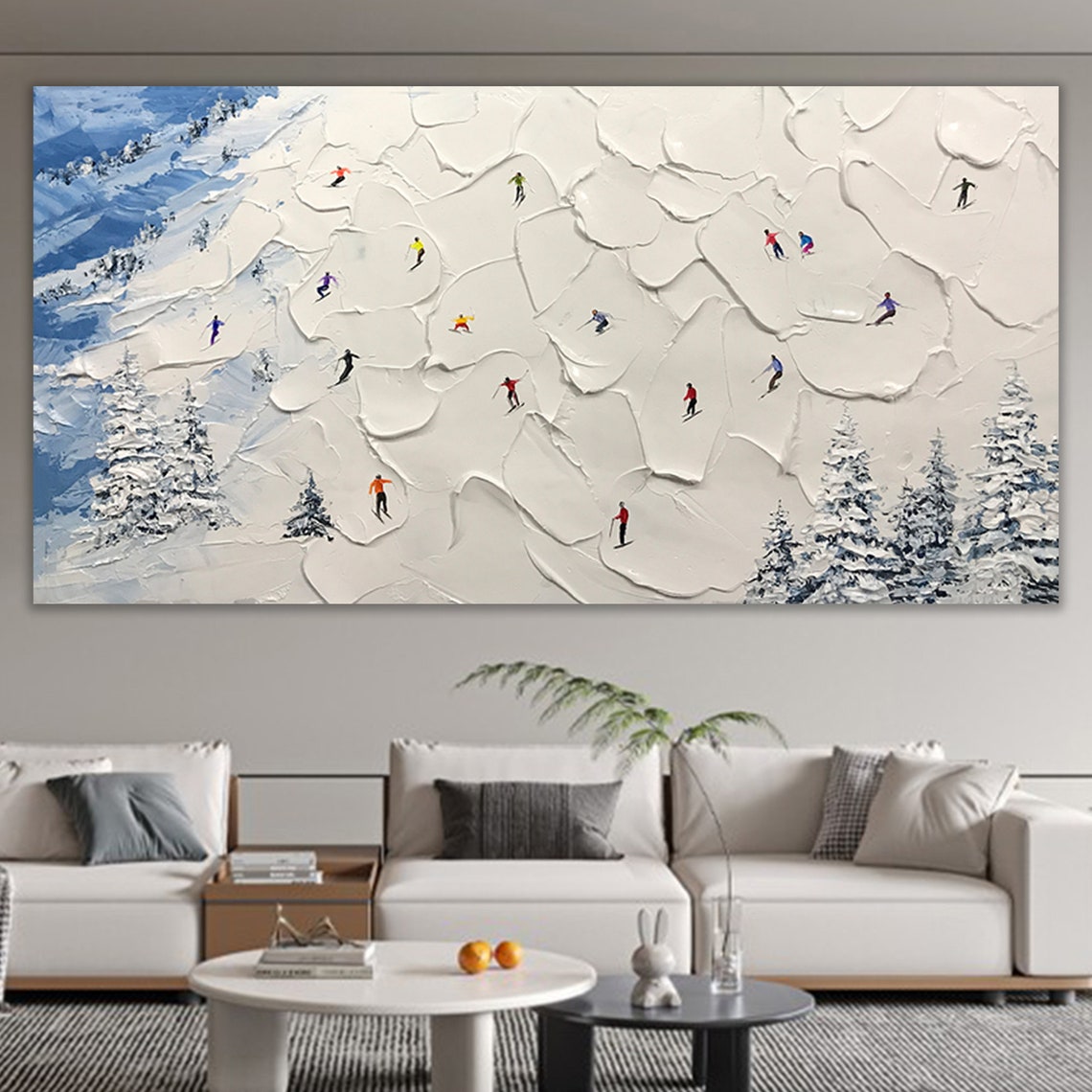 Serene Alpine Ski Scene Oil Painting for Winter Home Decor