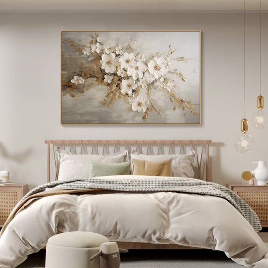 Elegant White Floral Oil Painting for Home Decor and Modern Interiors