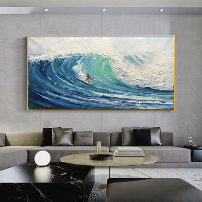 Dynamic Ocean Wave Surfer Oil Painting for Coastal Home Decor