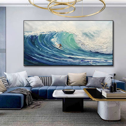 Dynamic Ocean Wave Surfer Oil Painting for Coastal Home Decor