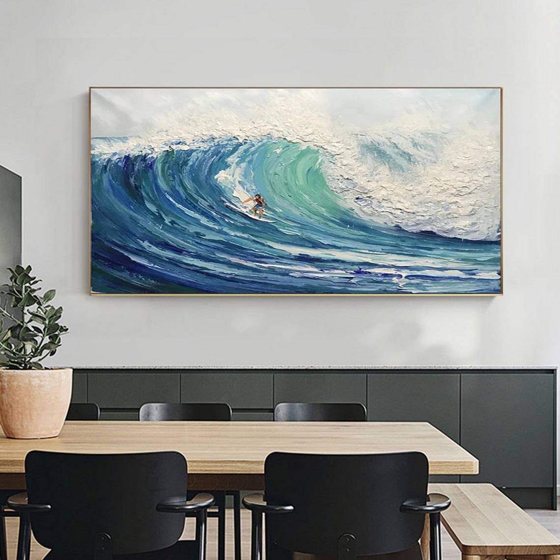 Dynamic Ocean Wave Surfer Oil Painting for Coastal Home Decor