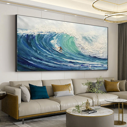 Dynamic Ocean Wave Surfer Oil Painting for Coastal Home Decor