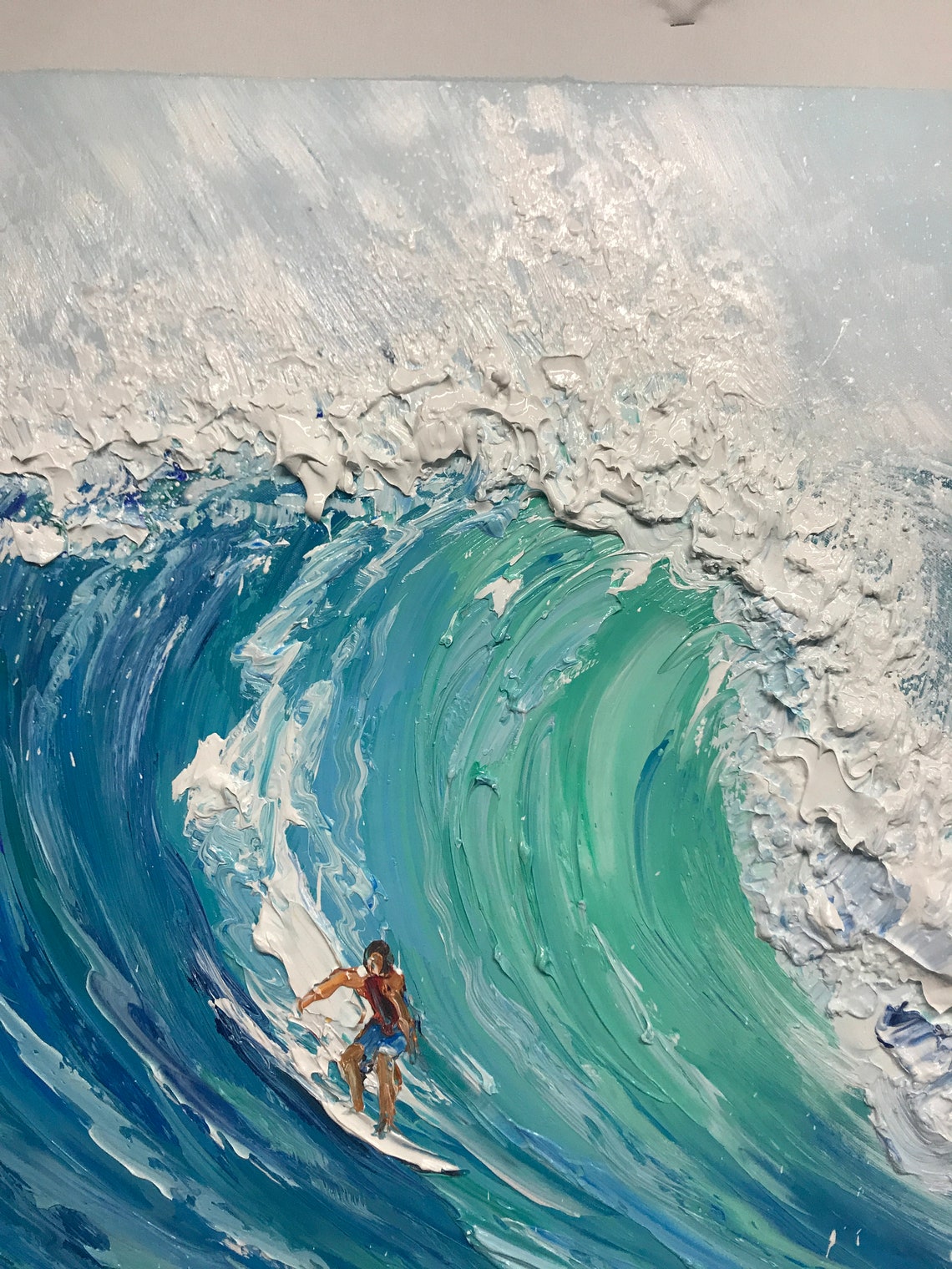 Dynamic Ocean Wave Surfer Oil Painting for Coastal Home Decor